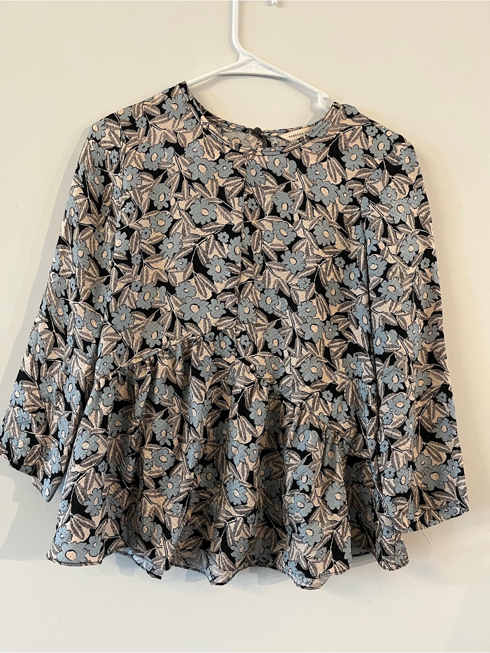 Rebecca Taylor Floral Peplum Long-Sleeve Top - Blue & Black
